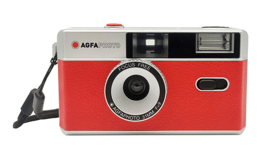 AgfaPhoto analoge 35mm Kleinbildfilm Foto Kamera rot mit Schwarzweiss Film Batterie