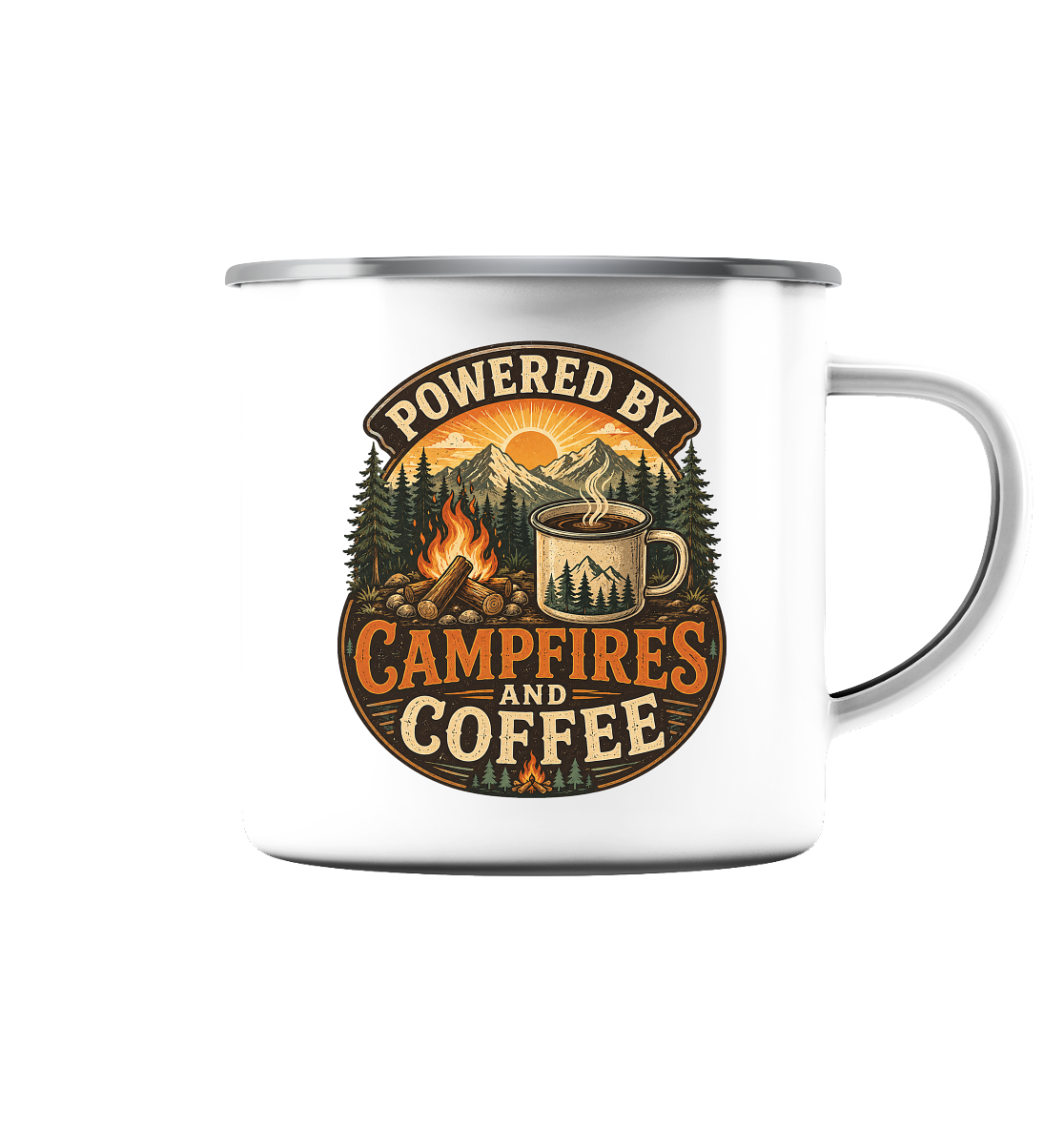 Clever Outdoor Powered by Campfires and Coffee - Emaille Tasse (Silber)
