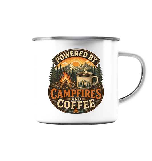Clever Outdoor Powered by Campfires and Coffee - Emaille Tasse (Silber) - clever-outdoor.de