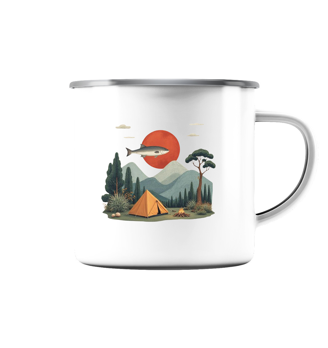 Clever Outdoor Red Sun Fish - Emaille Tasse (Silber)