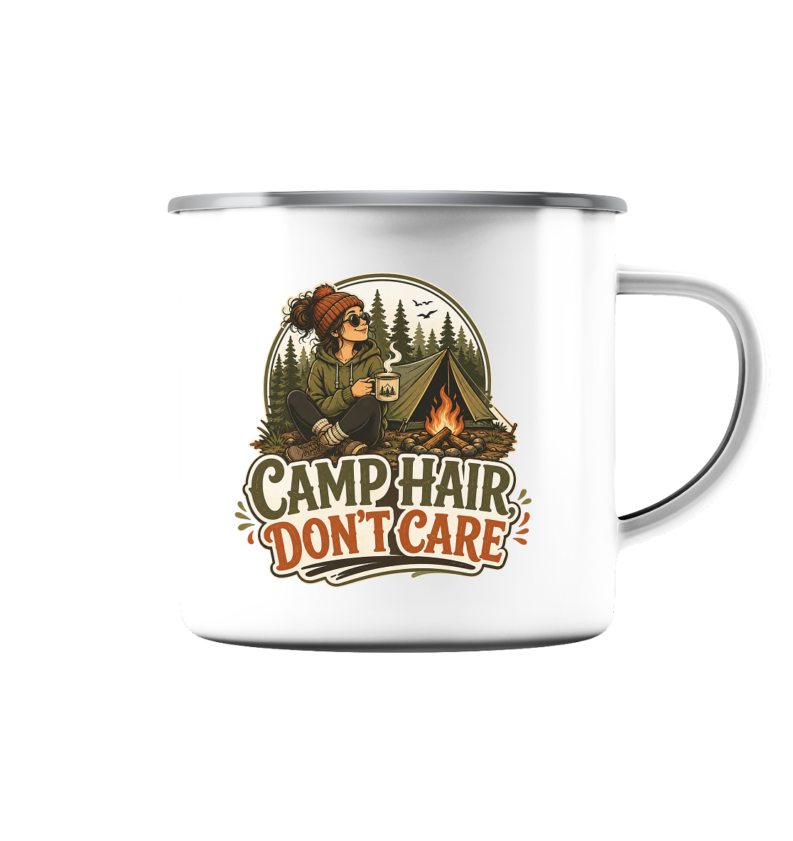 Clever Outdoor Camp Hair Don't Care - Emaille Tasse (Silber)