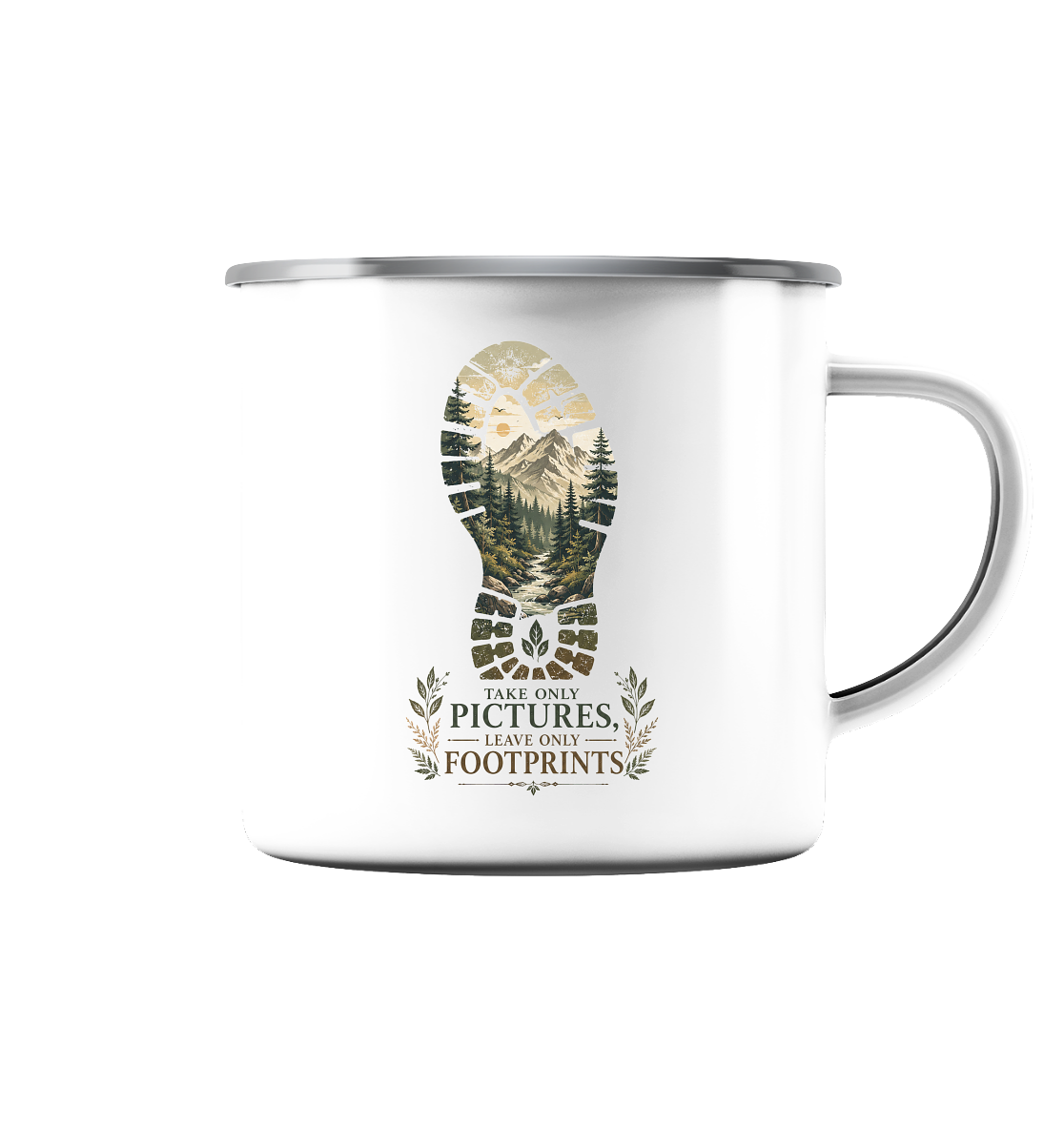 Clever Outdoor Take Only Pictures Leave Only Footprints - Emaille Tasse (Silber)