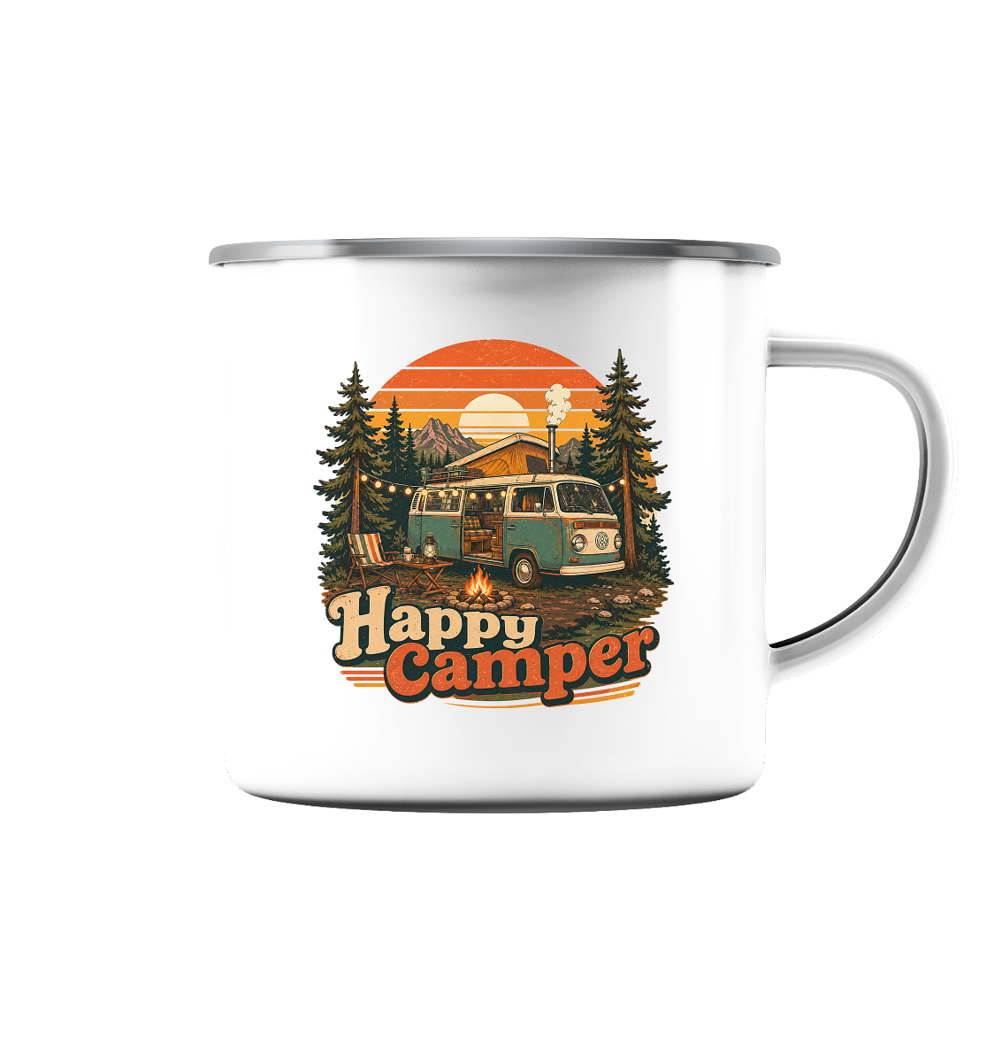 Clever Outdoor Happy Camper - Emaille Tasse (Silber)