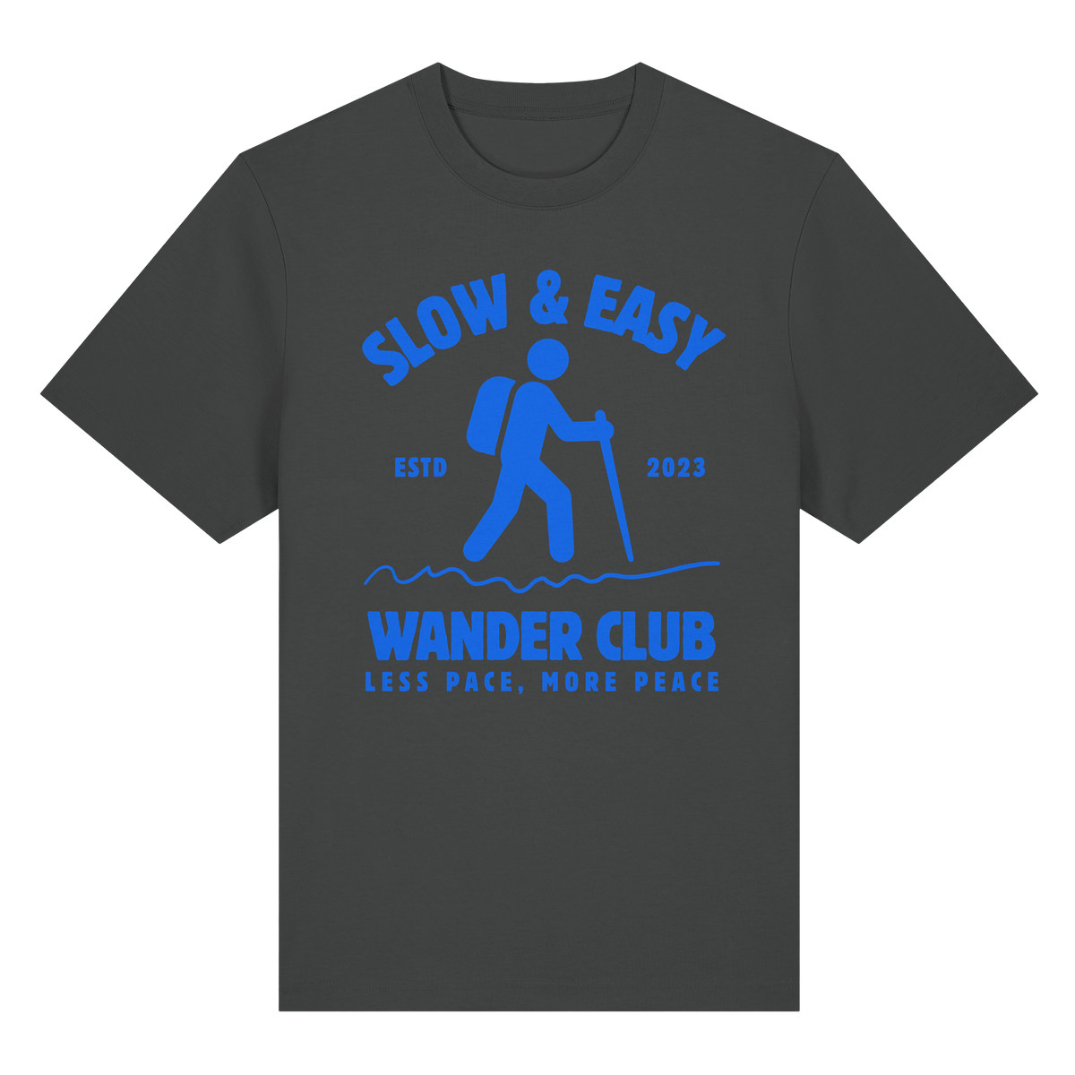 Clever Outdoor Slow & Easy Wander Club Organic Heavy Shirt in Anthrazit – Camping & Outdoor T-Shirt, Vorderansicht