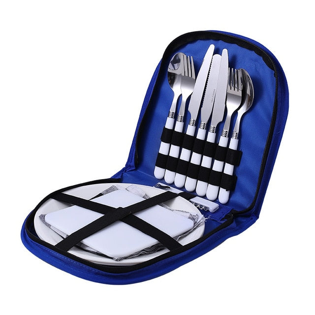 Outdoor Camping Picknick Set Besteckset 13teilig Edelstahl schwarz blau grün clever-outdoor